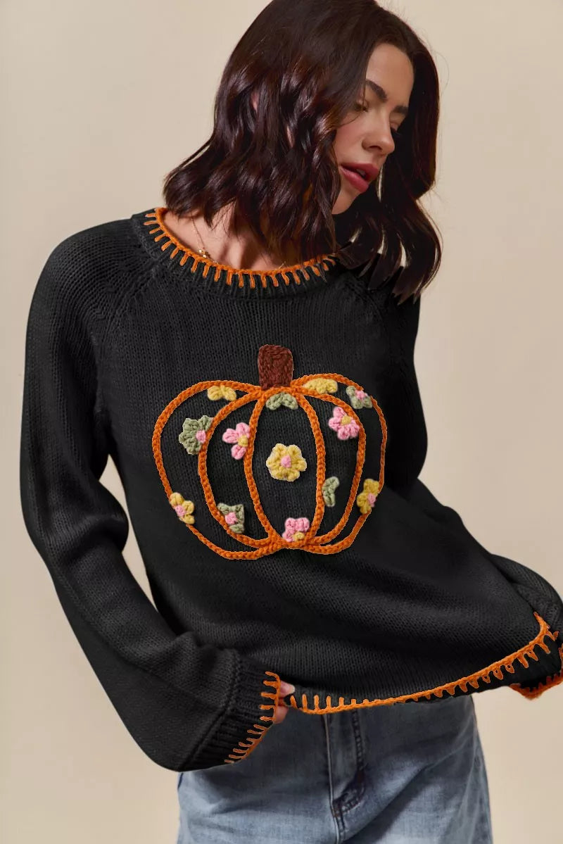 Women's sweaters with pumpkin floral embroidery and round neck