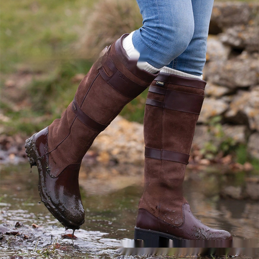 Knee high boots for women with double buckle straps, panelled upper and round toe