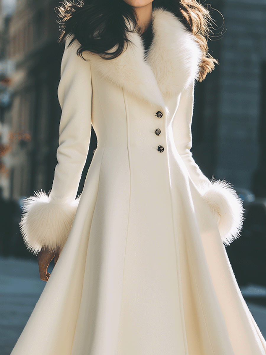 Coat for women with faux fur collar and cuffs, fit and flare