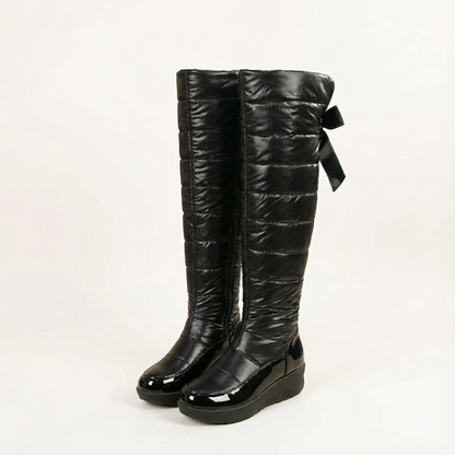Women's winter boots, over the knee quilted puffer with wedge sole