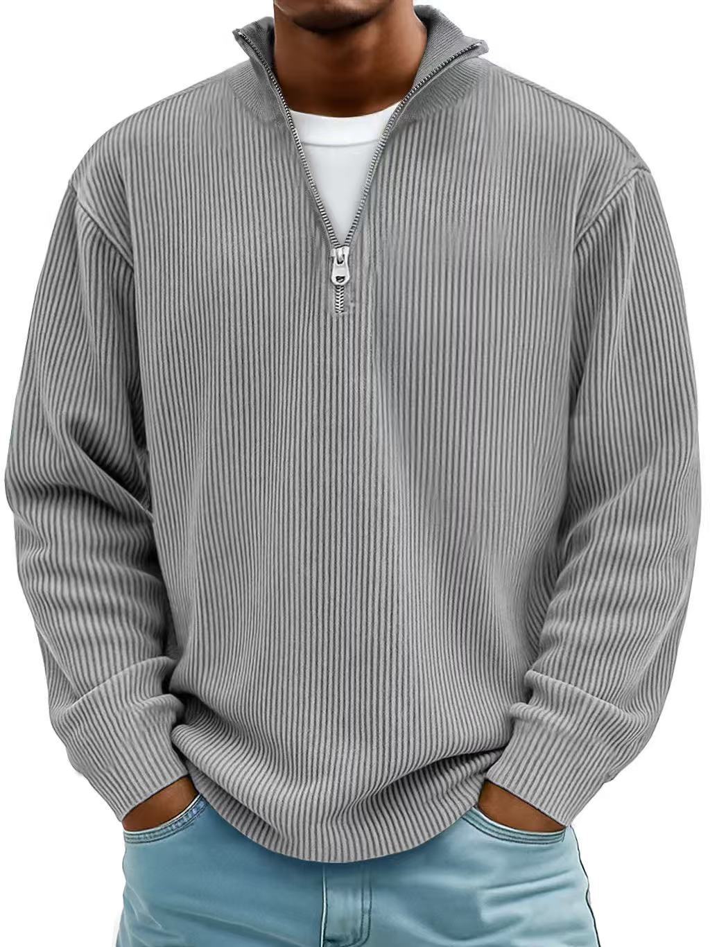 Quarter zip sweater for men with ribbed knit and stand collar
