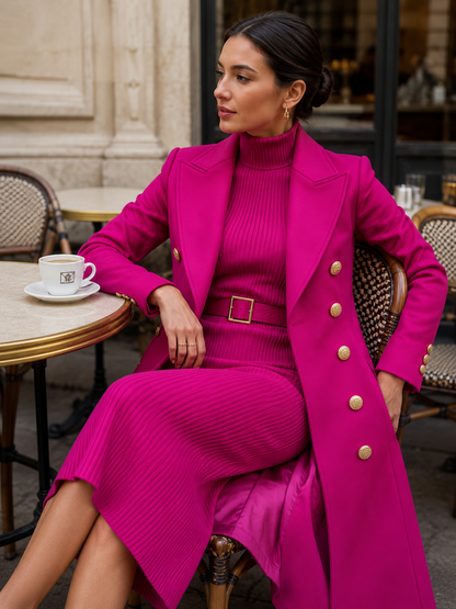 Double breasted coat and turtleneck midi dress set for women