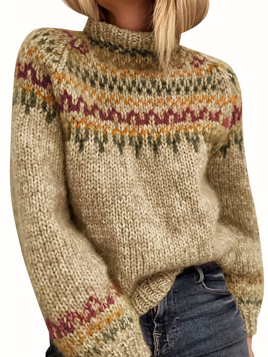 Women's sweaters with Fair Isle pattern and mock neck, long sleeve