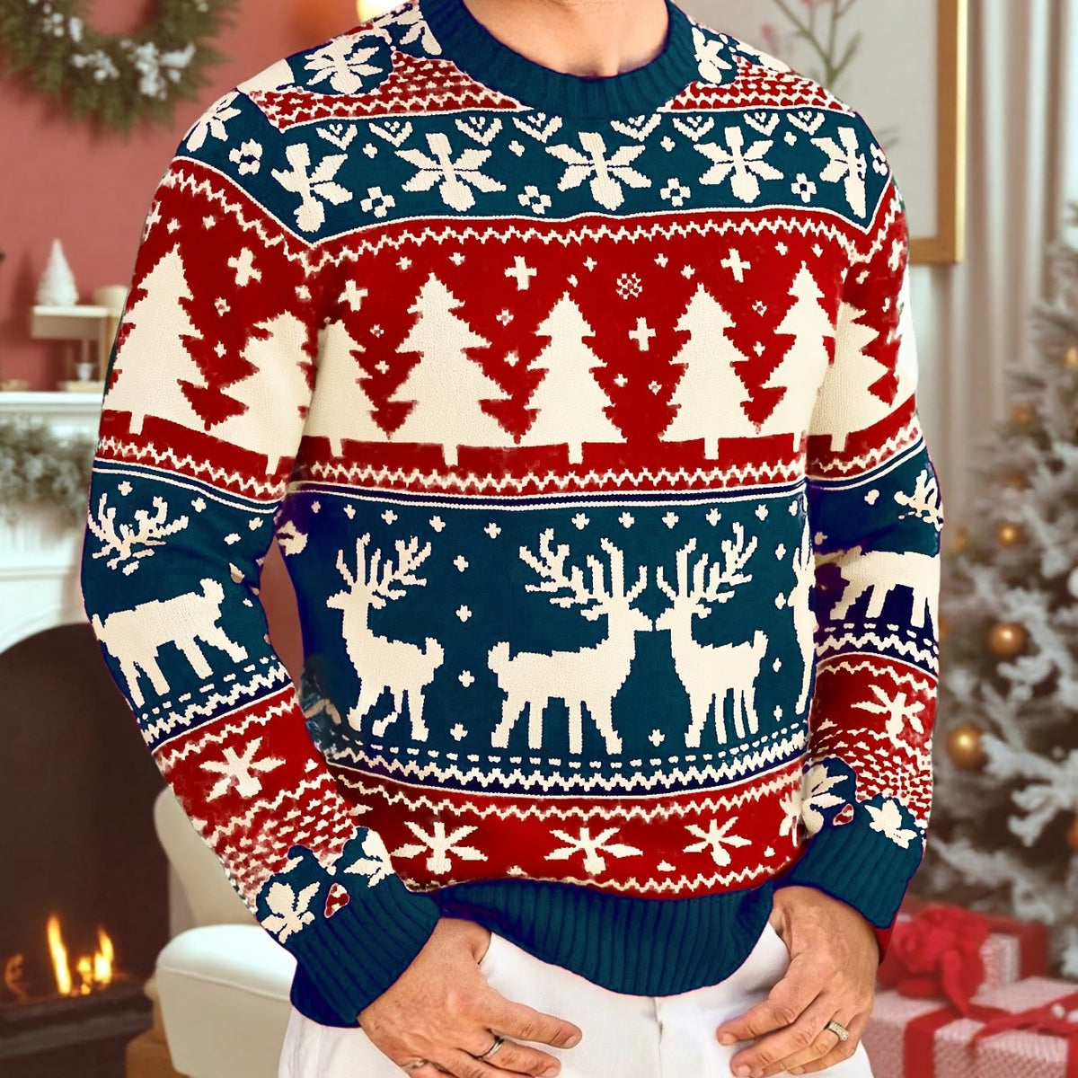 Men's ugly christmas sweater with crew neck and reindeer pattern