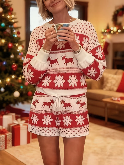 Christmas pajamas for women, long sleeve reindeer print top and shorts set