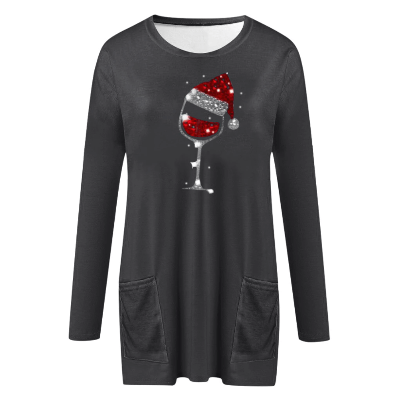 Womens Christmas sweater with wine glass print and side pockets