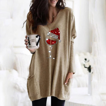 Womens Christmas sweater with wine glass print and side pockets