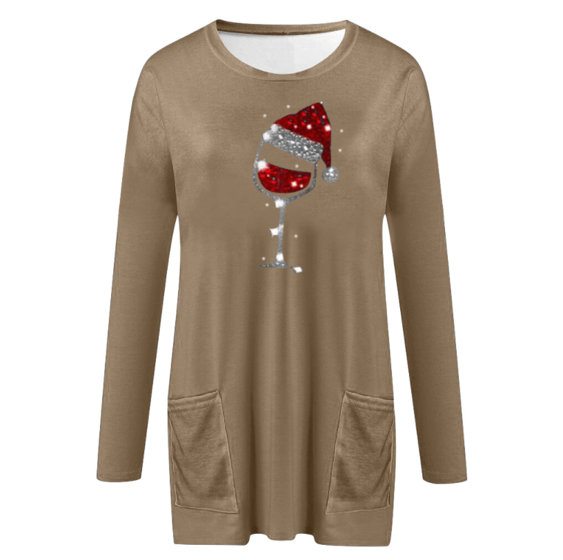 Womens Christmas sweater with wine glass print and side pockets