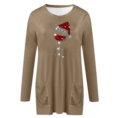 Womens Christmas sweater with wine glass print and side pockets