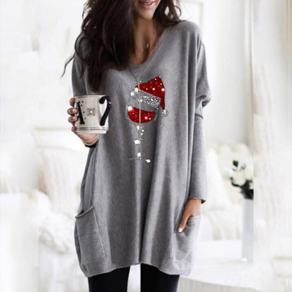 Womens Christmas sweater with wine glass print and side pockets