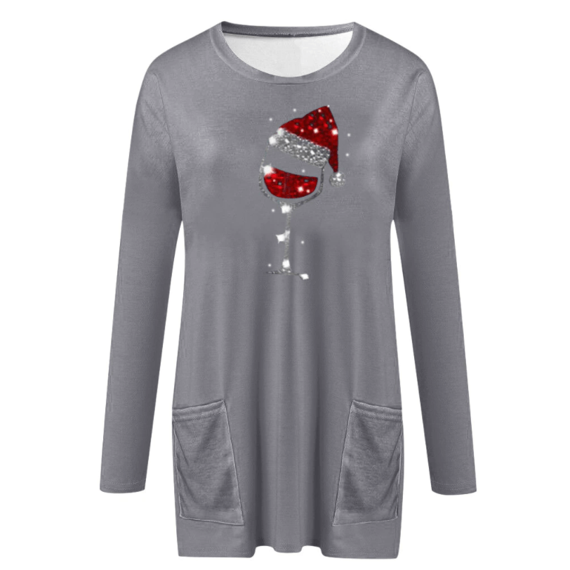 Womens Christmas sweater with wine glass print and side pockets