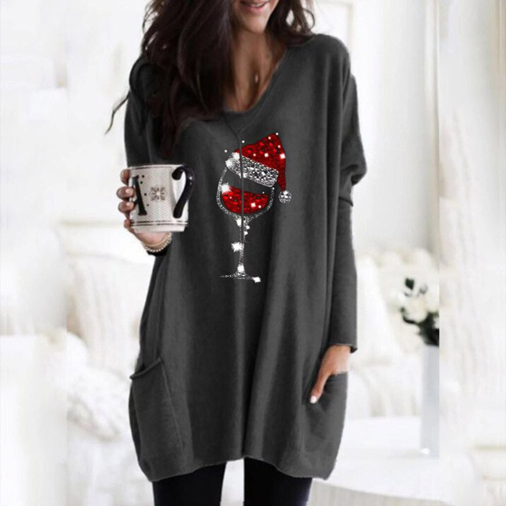 Womens Christmas sweater with wine glass print and side pockets
