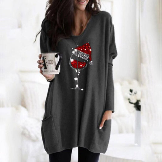 Womens Christmas sweater with wine glass print and side pockets