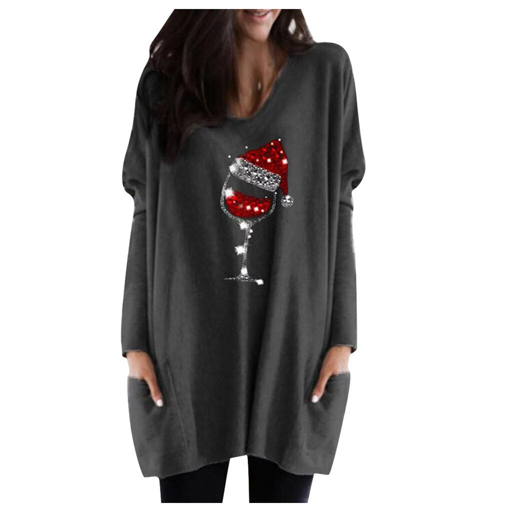 Womens Christmas sweater with wine glass print and side pockets