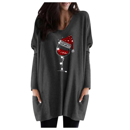 Womens Christmas sweater with wine glass print and side pockets