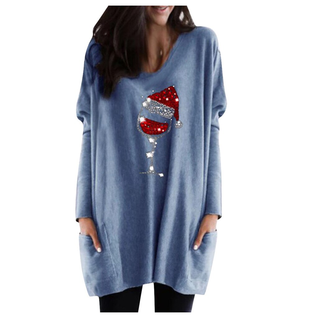 Womens Christmas sweater with wine glass print and side pockets