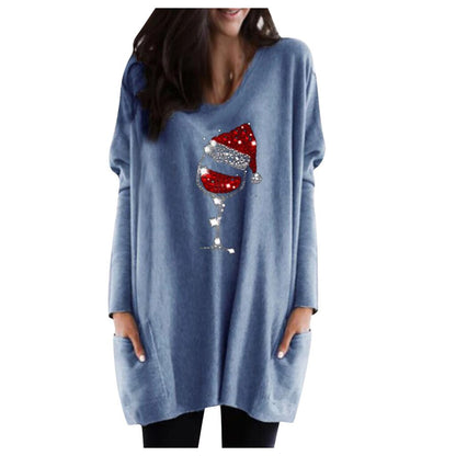 Womens Christmas sweater with wine glass print and side pockets