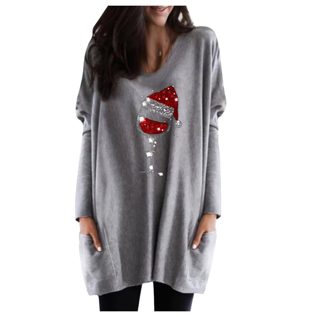 Womens Christmas sweater with wine glass print and side pockets