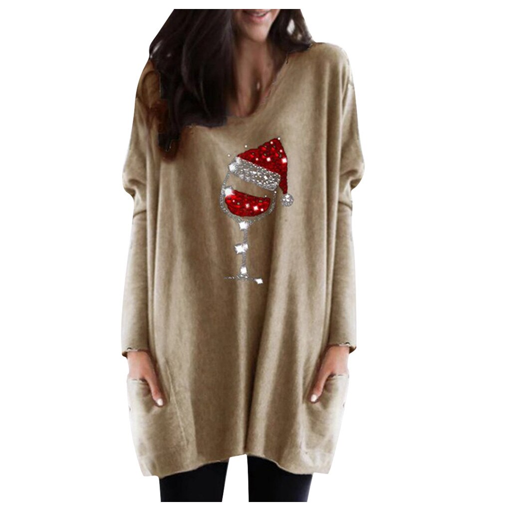 Womens Christmas sweater with wine glass print and side pockets