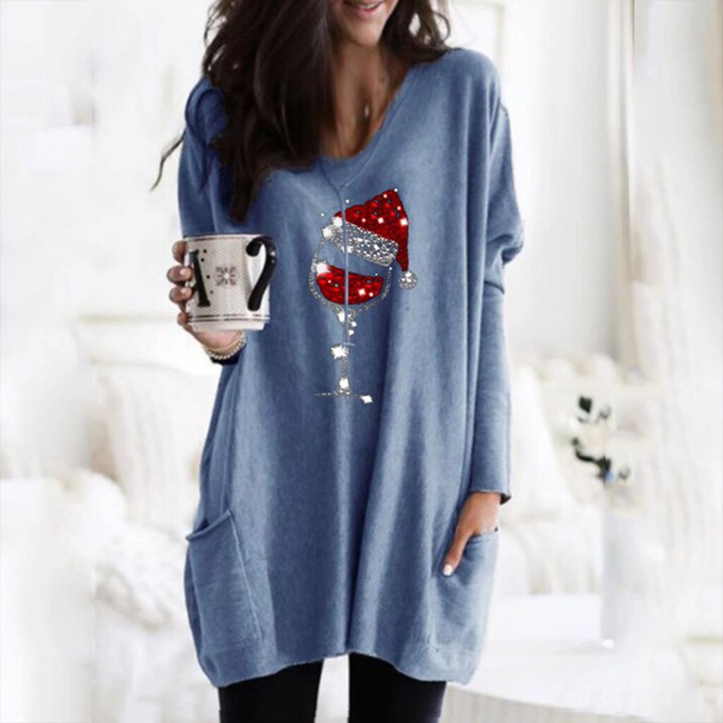 Womens Christmas sweater with wine glass print and side pockets
