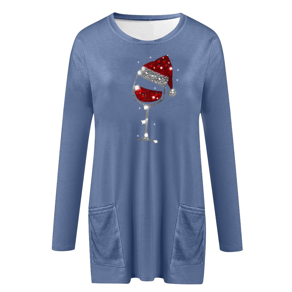 Womens Christmas sweater with wine glass print and side pockets