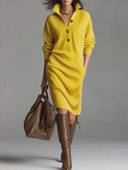 Women's button front sweater dress with collar, midi length, ribbed knit