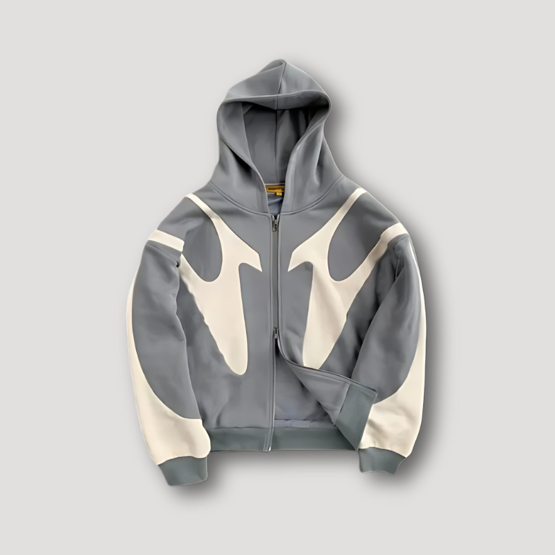 Mens hoodies with zip up front and flame graphic panels, oversized fit