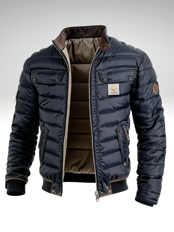 Puffer jacket for men with stand collar and chest flap pockets
