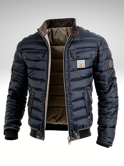 Puffer jacket for men with stand collar and chest flap pockets