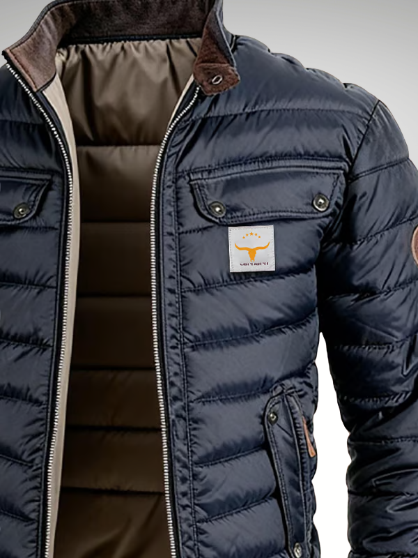 Puffer jacket for men with stand collar and chest flap pockets