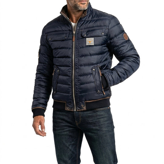 Puffer jacket for men with stand collar and chest flap pockets