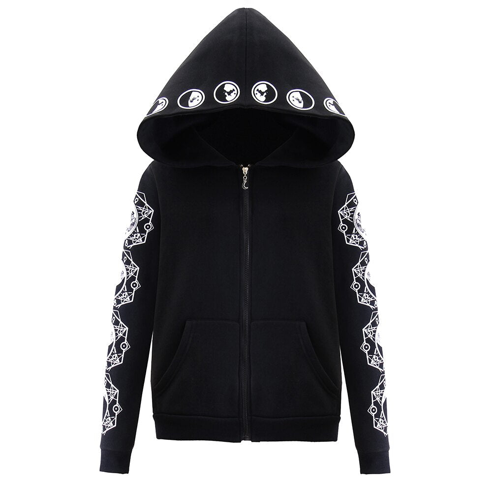 Zip up hoodies for women with moon print sleeves and oversized hood