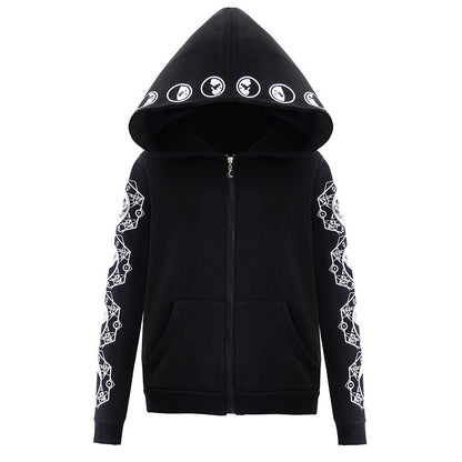 Zip up hoodies for women with moon print sleeves and oversized hood
