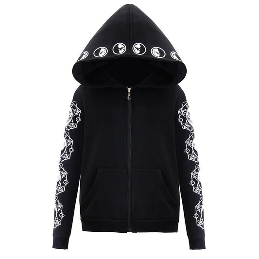 Zip up hoodies for women with moon print sleeves and oversized hood
