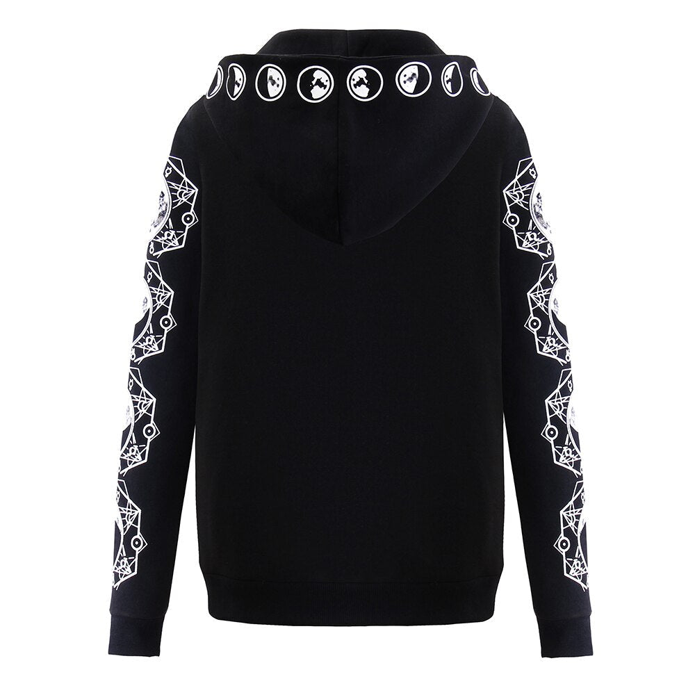 Zip up hoodies for women with moon print sleeves and oversized hood