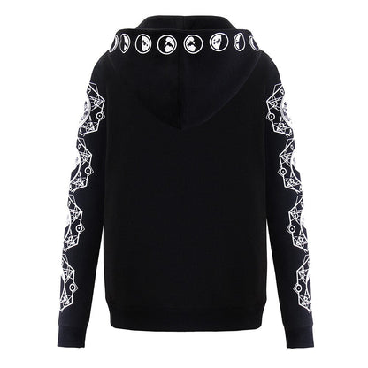 Zip up hoodies for women with moon print sleeves and oversized hood
