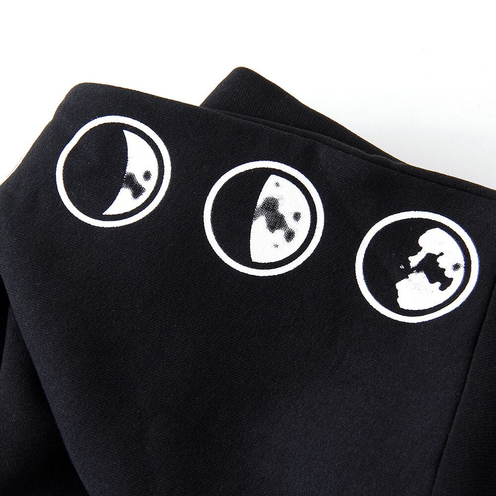 Zip up hoodies for women with moon print sleeves and oversized hood