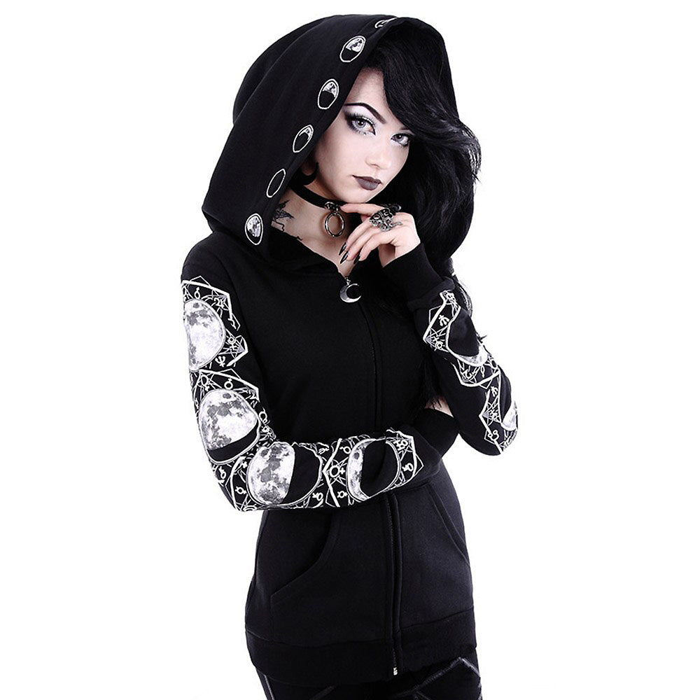 Zip up hoodies for women with moon print sleeves and oversized hood