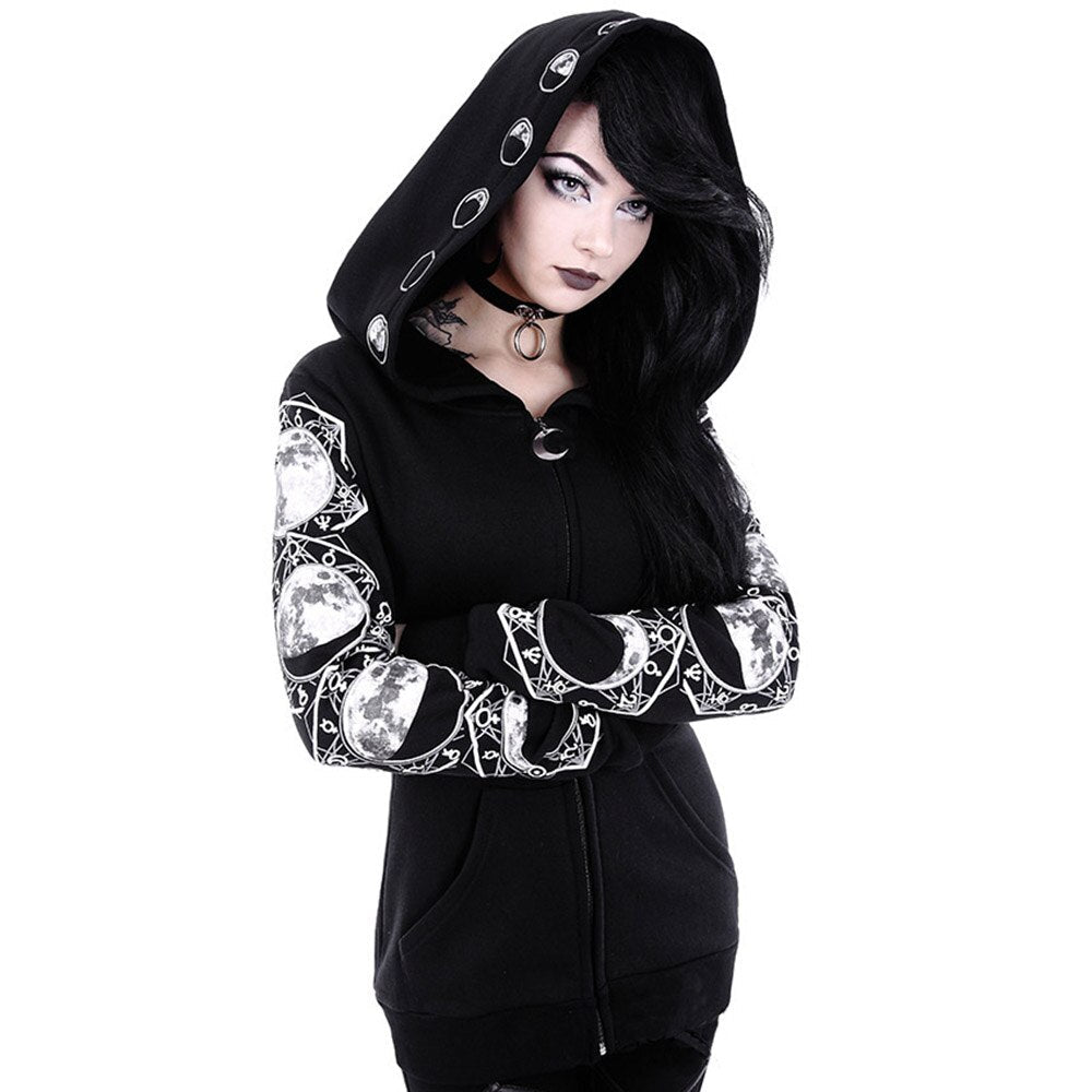 Zip up hoodies for women with moon print sleeves and oversized hood