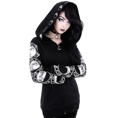Zip up hoodies for women with moon print sleeves and oversized hood