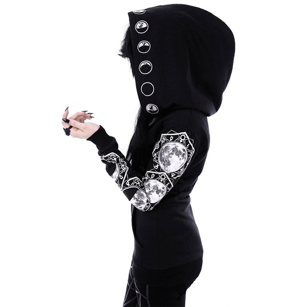 Zip up hoodies for women with moon print sleeves and oversized hood