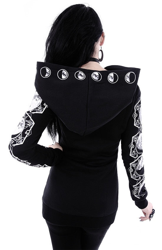 Zip up hoodies for women with moon print sleeves and oversized hood