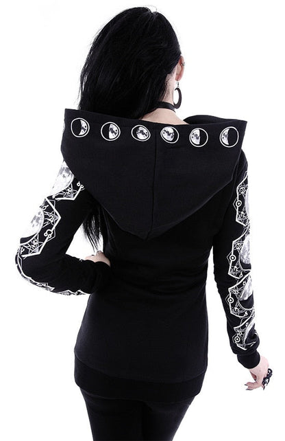 Zip up hoodies for women with moon print sleeves and oversized hood