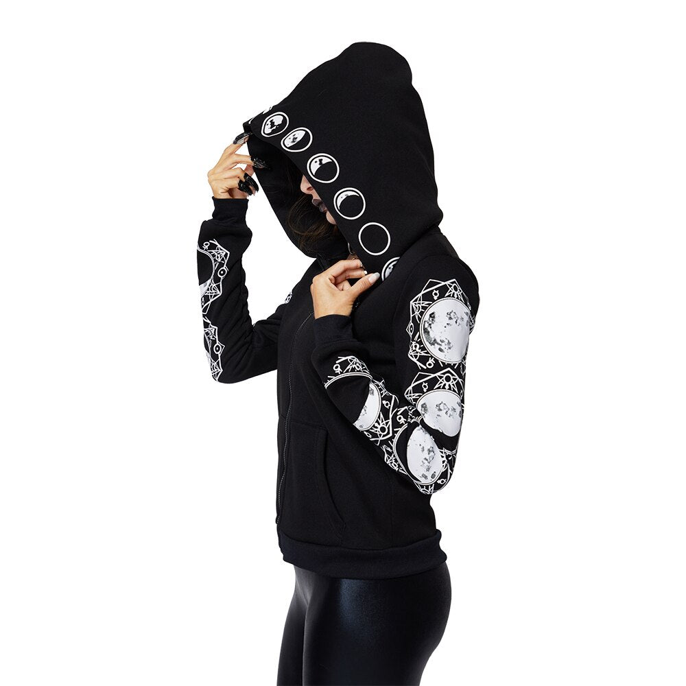 Zip up hoodies for women with moon print sleeves and oversized hood