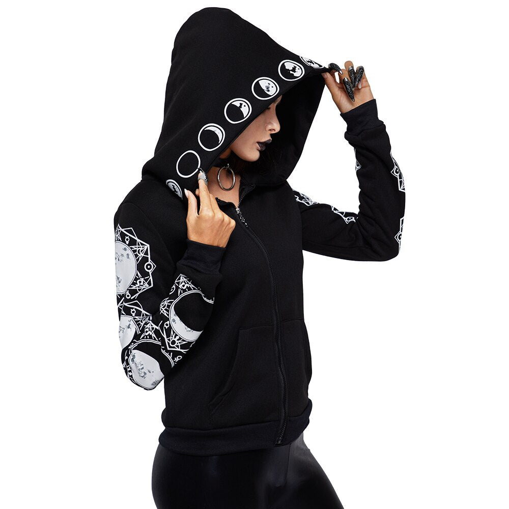 Zip up hoodies for women with moon print sleeves and oversized hood