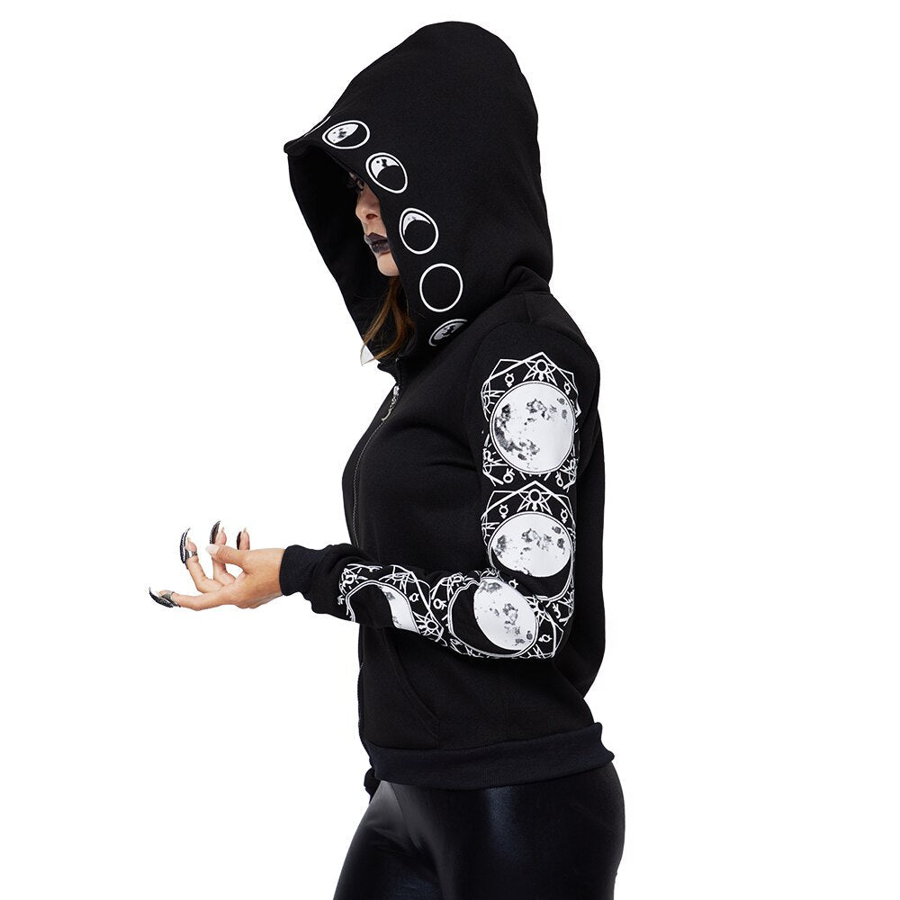 Zip up hoodies for women with moon print sleeves and oversized hood