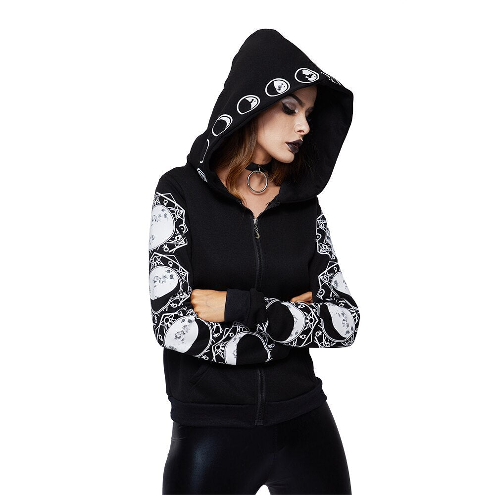 Zip up hoodies for women with moon print sleeves and oversized hood