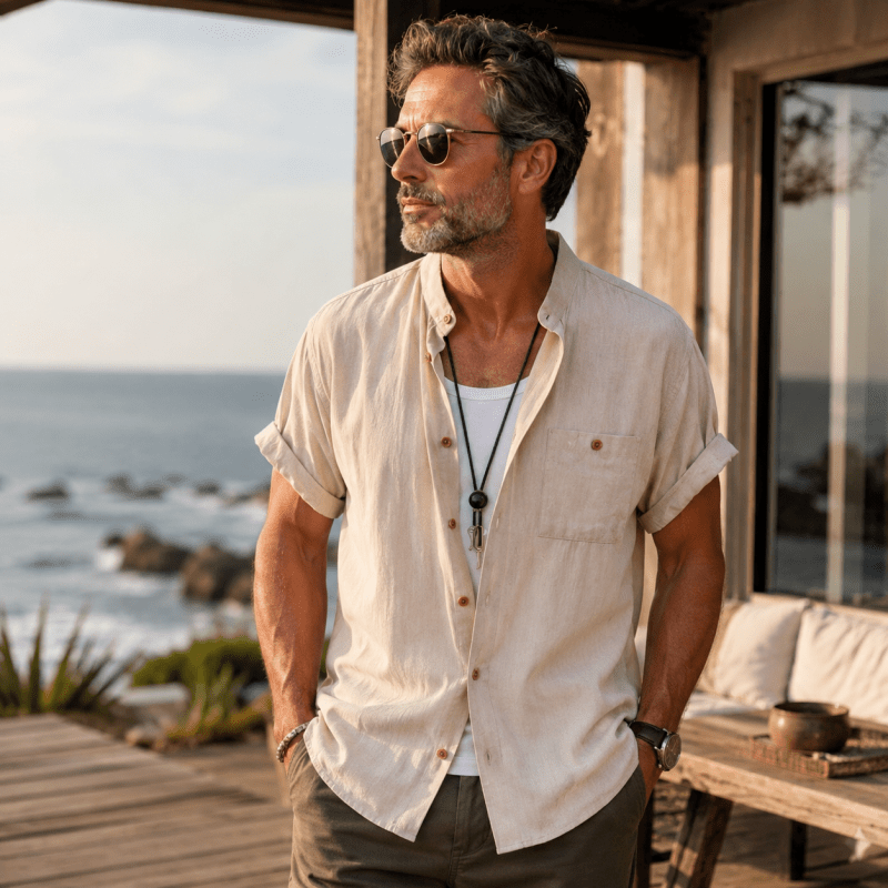 Short sleeve button up shirts for men with chest pocket
