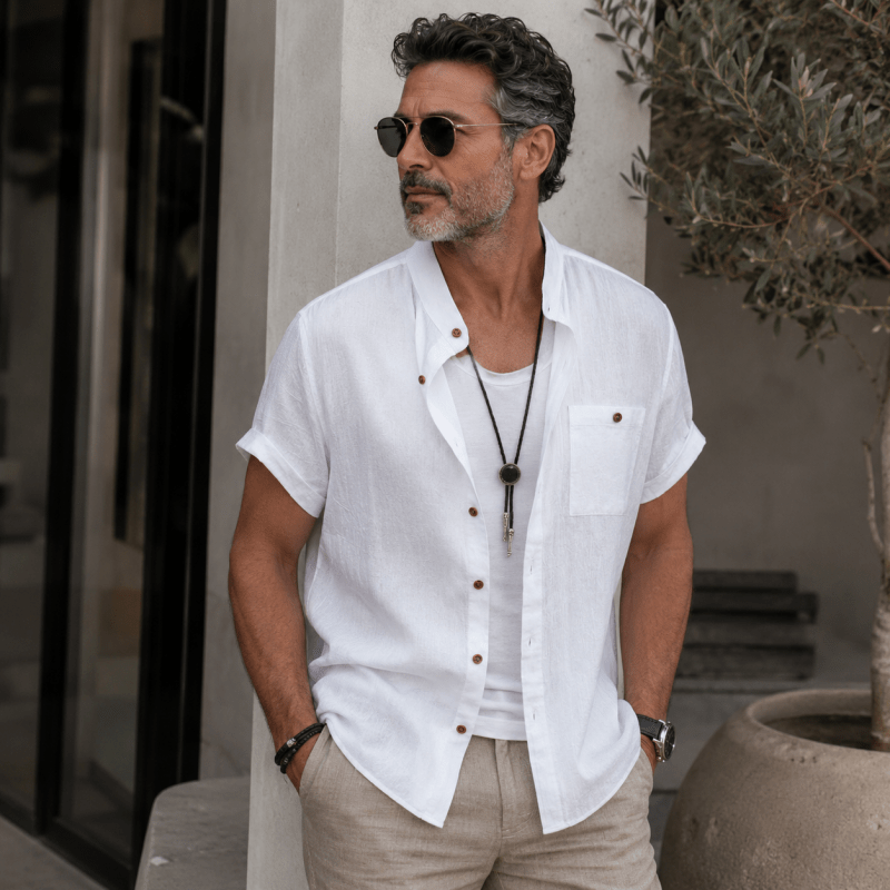 Short sleeve button up shirts for men with chest pocket