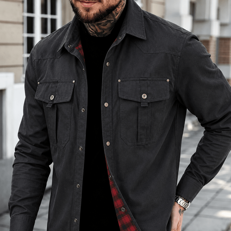 Button up shirts for men with chest pockets and plaid lining
